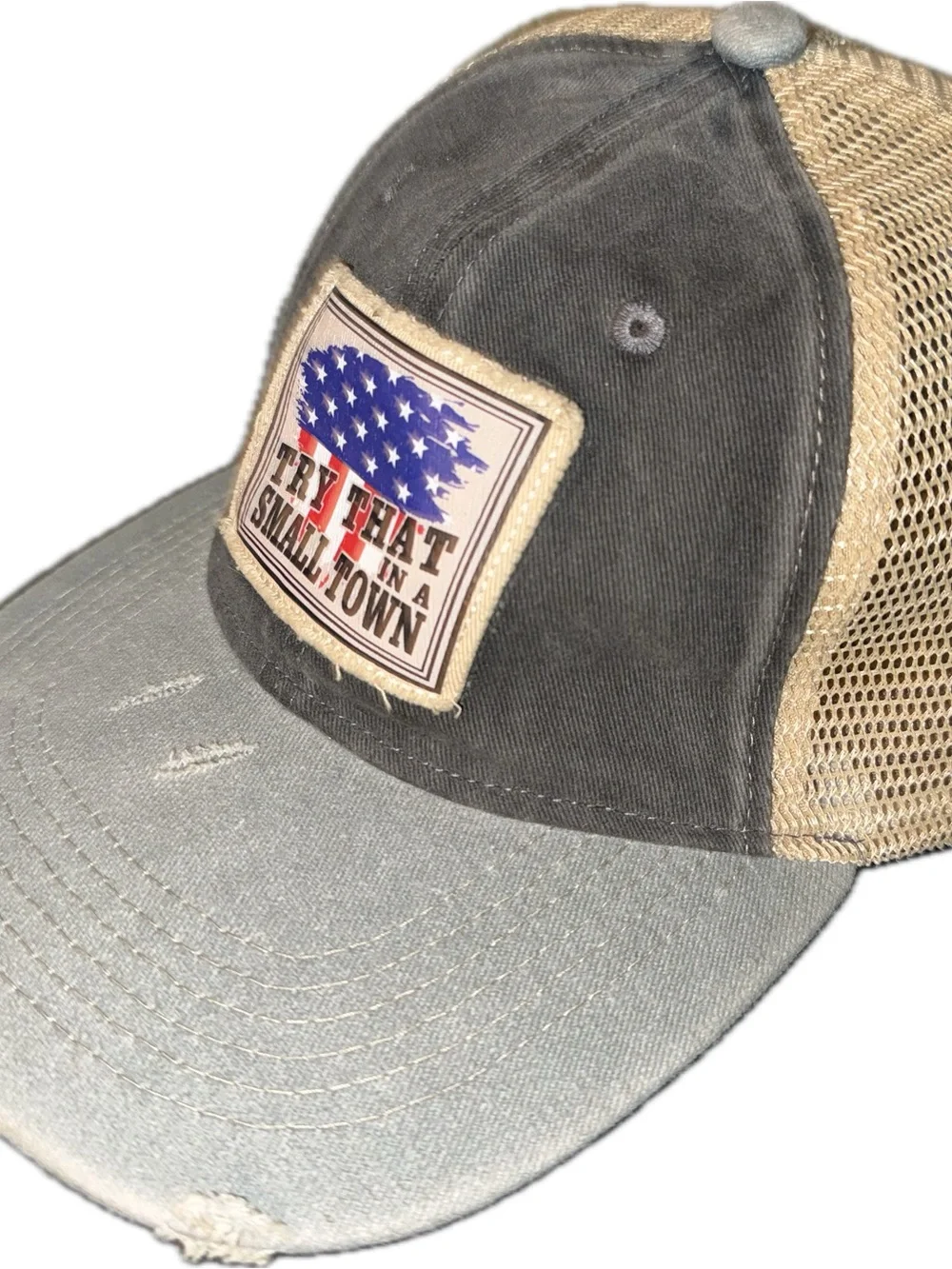 Try That Small Town Distressed Trucker Cap - Denim / Beige Mesh